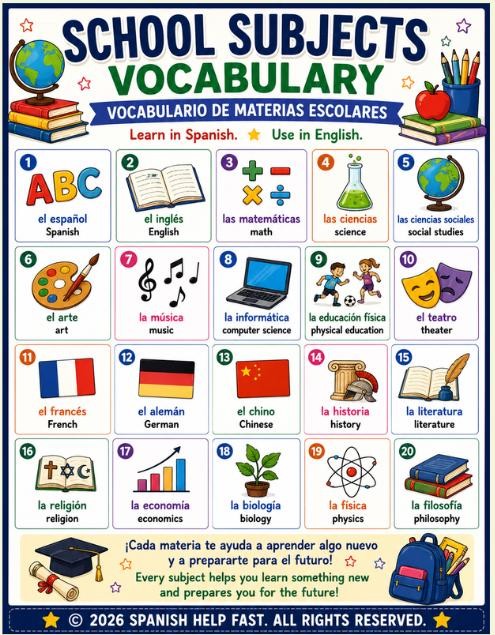 Spanish School Life Vocabulary Bundle 5 Bilingual Classroom Posters School Supplies, Subjects, Rules, Events Study Skills preview 3