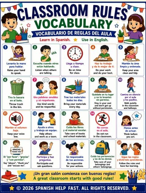 Spanish School Life Vocabulary Bundle 5 Bilingual Classroom Posters School Supplies, Subjects, Rules, Events Study Skills preview 4