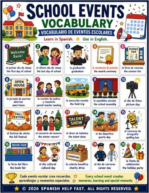 Spanish School Life Vocabulary Bundle 5 Bilingual Classroom Posters School Supplies, Subjects, Rules, Events Study Skills preview 5