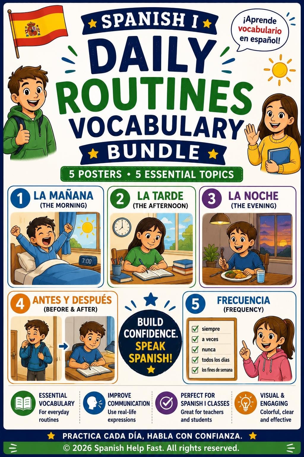 Spanish Everyday Life Bundle | Morning Afternoon Evening Sequences & Frequency