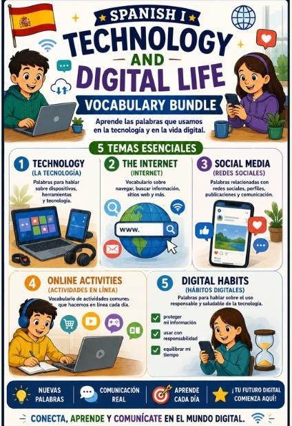 Spanish Technology Word Wall Bundle | Digital Life Internet Social Media & Online Activities
