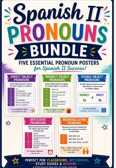 Spanish 2 Pronouns Posters, Direct Indirect Reflexive Reciprocal Verbs, Spanish Teacher Grammar Bundle, Printable PDF Digital Download