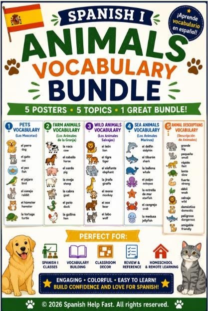 Spanish Animal Word Wall Bundle 5 Bilingual Spanish-English Vocabulary Posters