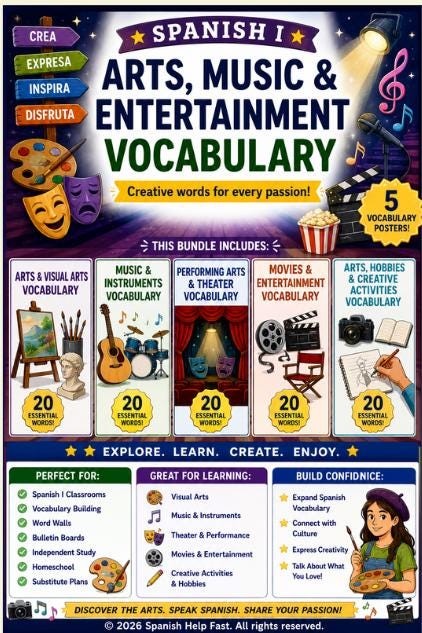 Spanish I Creative Expression Vocabulary Bundle Art Music Theater Cinema and Hobbies