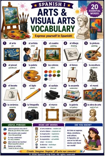 Spanish I Creative Expression Vocabulary Bundle Art Music Theater Cinema and Hobbies preview 2