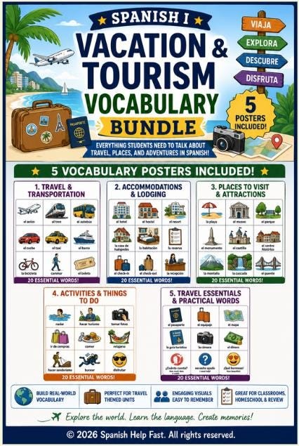 Spanish Vacation and Tourism Vocabulary Bundle Travel Hotels Attractions Activities and Practical Words