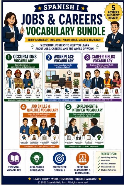 Spanish Jobs and Careers Vocabulary Bundle Professions Workplace Skills Interviews and Future Planning