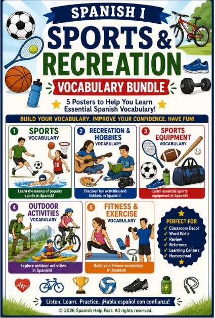 Spanish I Sports and Recreation Vocabulary Bundle Activities Hobbies Equipment Outdoor Adventure and Fitness