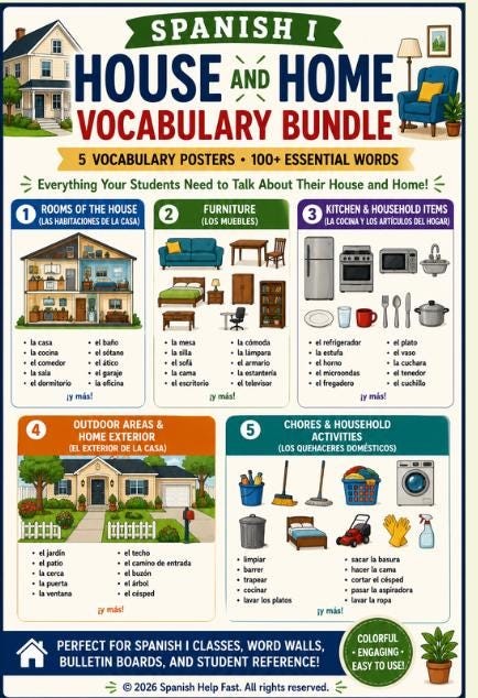 Spanish I House and Home Vocabulary Bundle Rooms Furniture Kitchen Chores and Household Activities