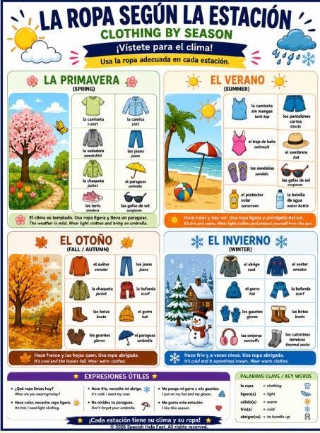 Spanish Weather and Seasons Bundle Climate Vocabulary Seasonal Clothing Activities and Classroom Posters preview 4