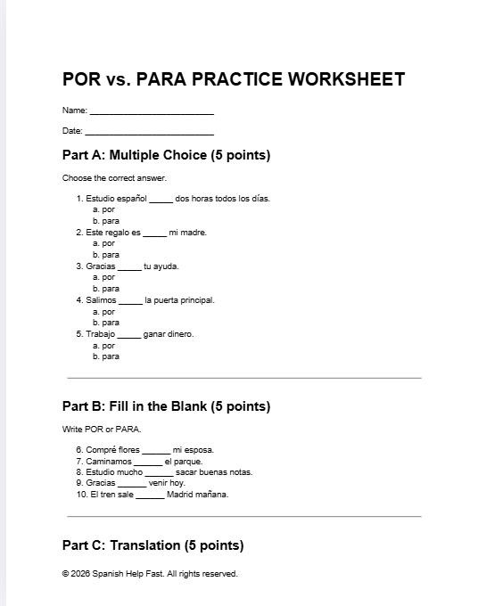Por vs Para Practice Worksheet and Answer Key Grammar Activity Prepositions Practice Spanish preview 2