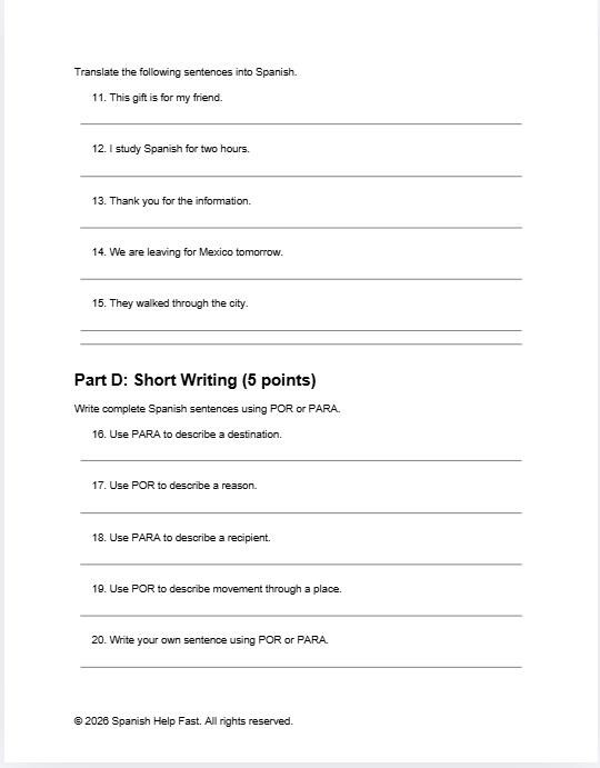 Por vs Para Practice Worksheet and Answer Key Grammar Activity Prepositions Practice Spanish preview 3