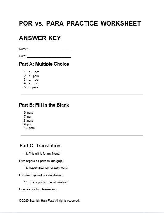 Por vs Para Practice Worksheet and Answer Key Grammar Activity Prepositions Practice Spanish preview 4