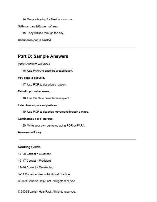 Por vs Para Practice Worksheet and Answer Key Grammar Activity Prepositions Practice Spanish preview 5