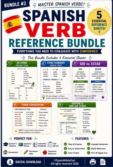 Spanish Verb Reference Bundle Go Verbs, Stem Changers, Ser vs Estar, Tener & Gustar