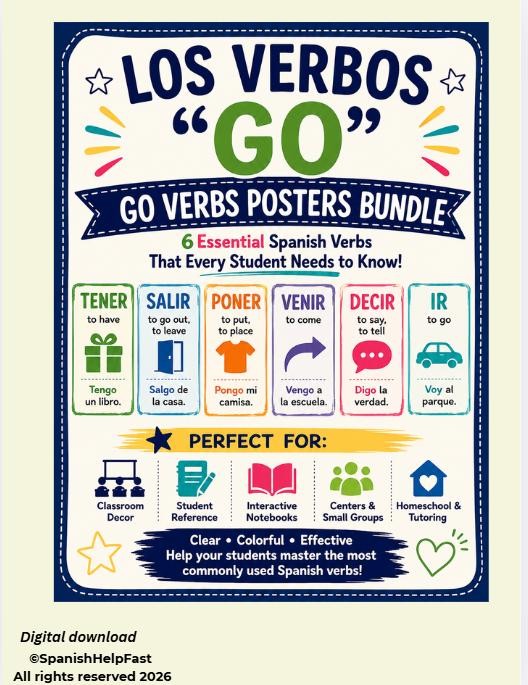 Spanish GO Verbs Posters Bundle Tener Salir Poner Venir Decir Ir Spanish 1