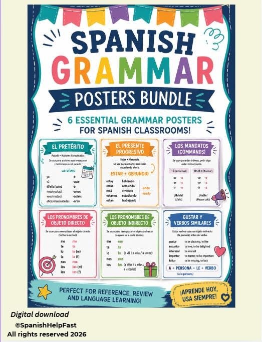 Spanish Grammar Posters Bundle Preterite Commands Gustar DOP IOP Present Progressive