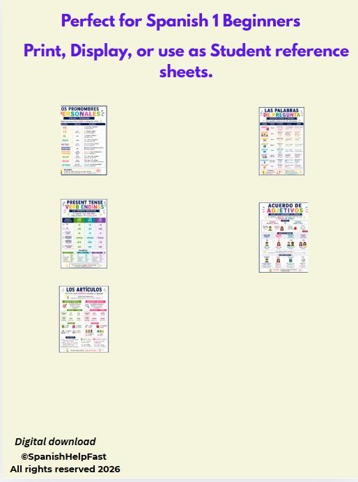 Spanish 1 Grammar Posters Bundle Classroom Decor Beginner Spanish Reference Charts preview 2