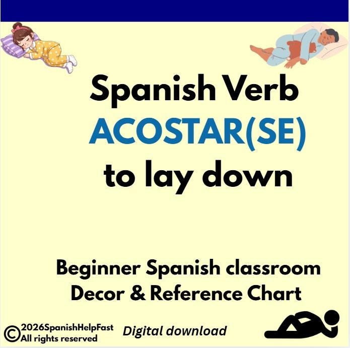 ACOSTARSE To Go to Bed Poster for Spanish 1 Reflexive Verb Reference