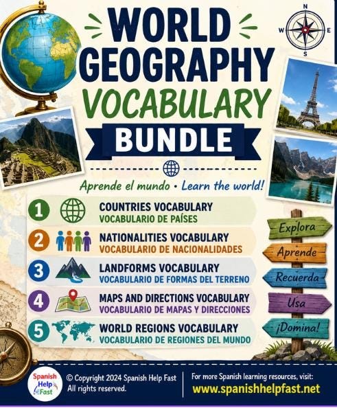 Bilingual Spanish Geography Posters, Countries Regions Maps and Landforms Word Wall, Spanish Teacher Classroom Decor PDF