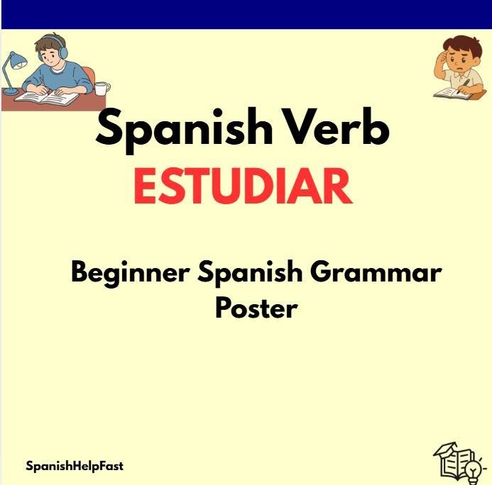Spanish Verb ESTUDIAR Poster Present Tense Conjugation Chart Beginner Classroom Decor Printable