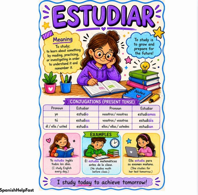 Spanish Verb ESTUDIAR Poster Present Tense Conjugation Chart Beginner Classroom Decor Printable preview 2