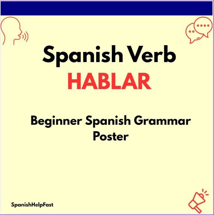 Spanish Verb HABLAR Poster Present Tense Conjugation Chart Beginner Classroom Decor Printable PDF