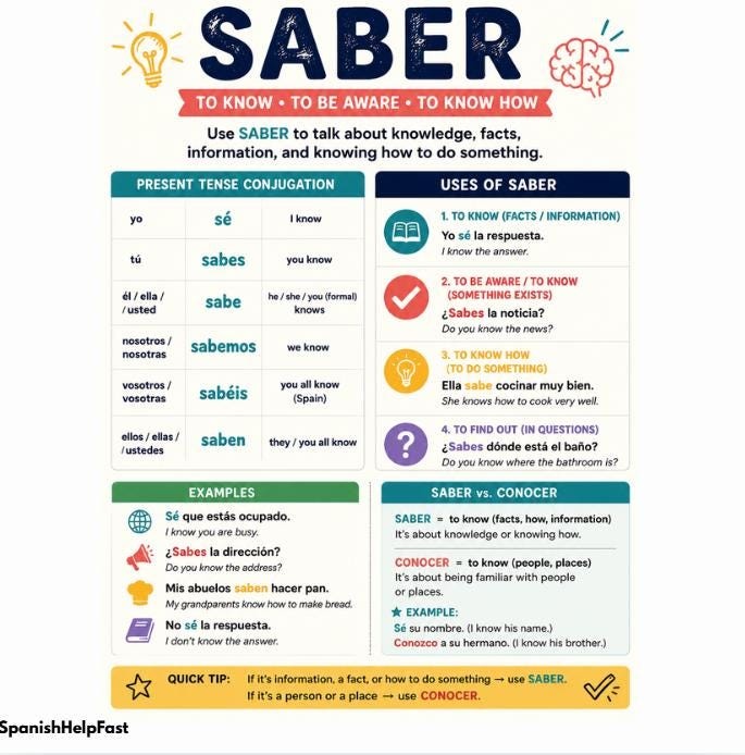 Spanish Verb SABER Poster: Beginner Present Tense Conjugation Chart (PDF Download) preview 2