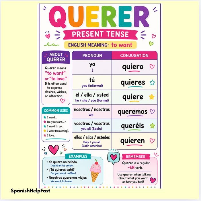 Spanish Verb QUERER Conjugation Poster: Beginner Spanish Grammar Resource preview 2