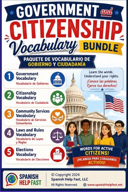 Government and Citizenship Spanish Vocabulary Posters, Civic Education Bundle for Spanish Teacher Classroom, Printable PDF