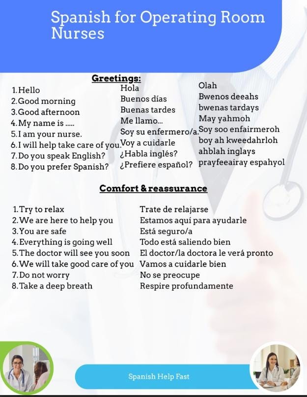 Operating Room Nurse Spanish Cheat Sheet: Medical Phrases for OR, PACU (Digital Download)