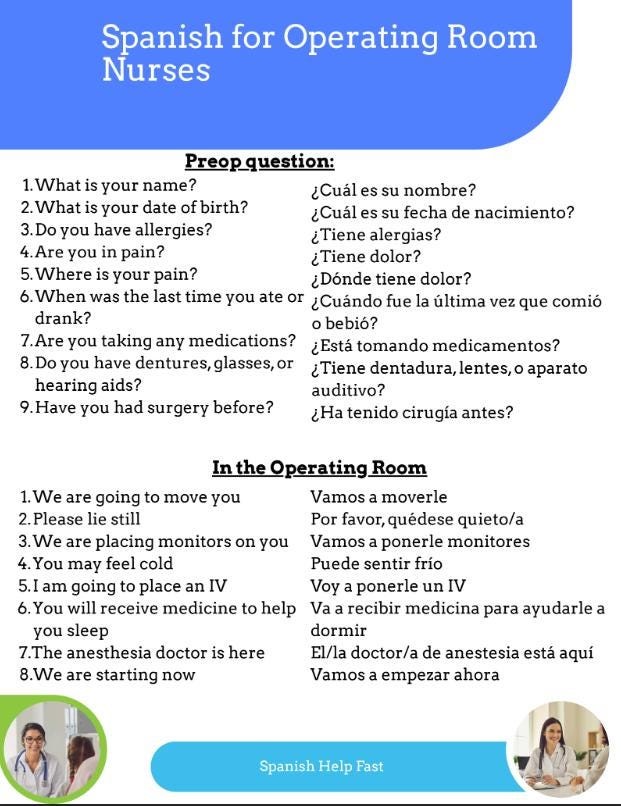 Operating Room Nurse Spanish Cheat Sheet: Medical Phrases for OR, PACU (Digital Download) preview 2