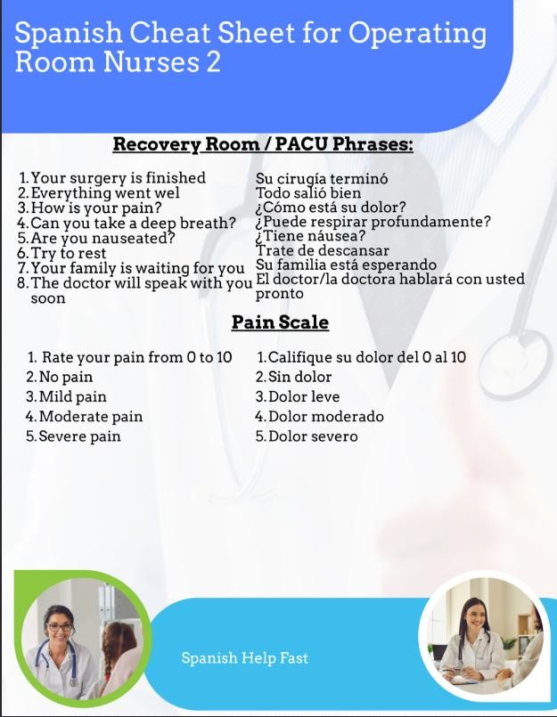 Medical Spanish Cheat Sheet for OR/PACU Nurses: Pain Scale, Safety Phrases (PDF Download)
