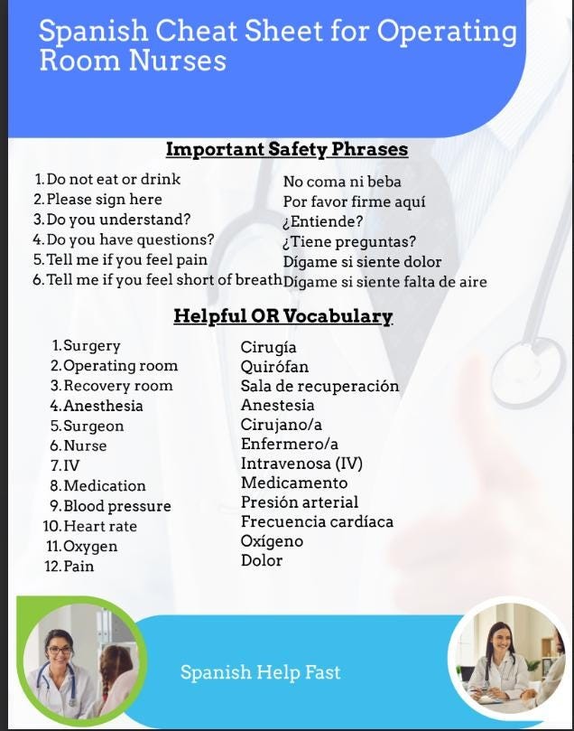 Medical Spanish Cheat Sheet for OR/PACU Nurses: Pain Scale, Safety Phrases (PDF Download) preview 2