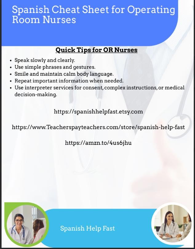 Medical Spanish Cheat Sheet for OR/PACU Nurses: Pain Scale, Safety Phrases (PDF Download) preview 3