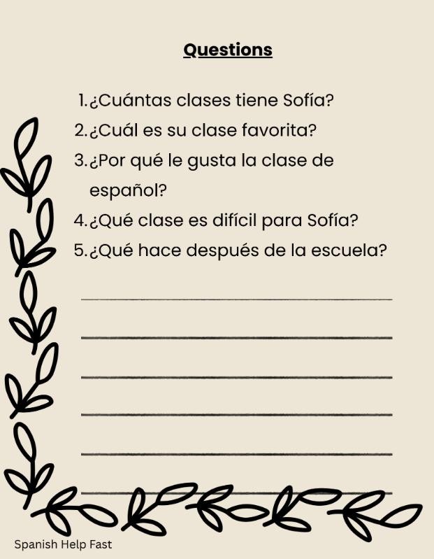 5 Spanish 1 Reading Comprehension Stories Questions answer key preview 3