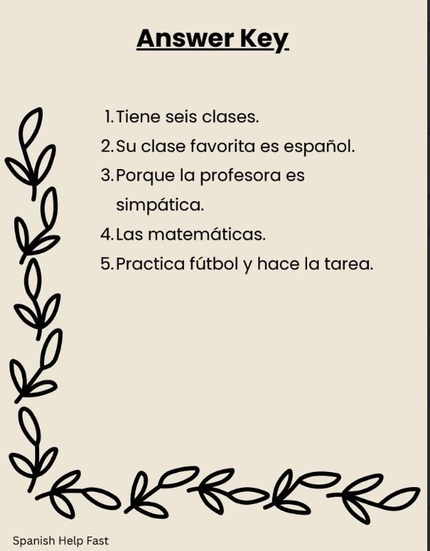 5 Spanish 1 Reading Comprehension Stories Questions answer key preview 4