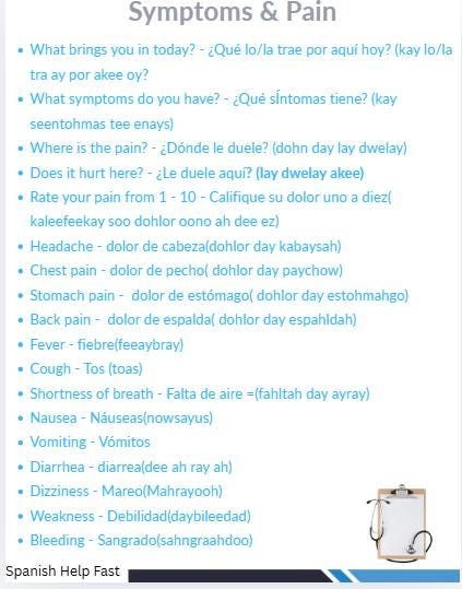 Spanish for ER Nurses Essential Intake Questions and Vocabulary with pronounciation preview 4