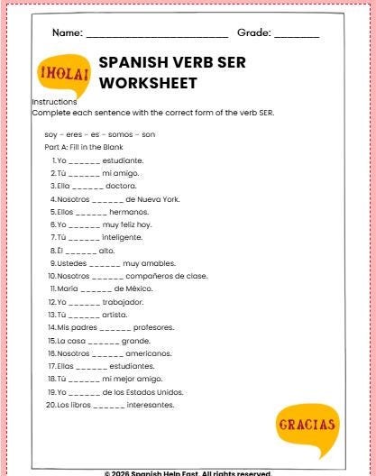 Spanish Verb SER Worksheet Present Tense Practice Beginner Spanish with answer key
