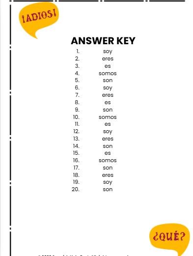 Spanish Verb SER Worksheet Present Tense Practice Beginner Spanish with answer key preview 2