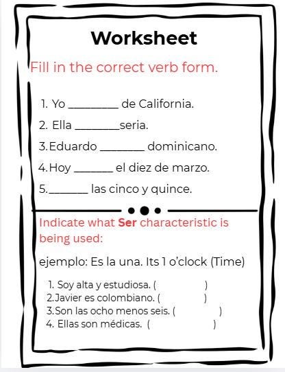 The verb Ser with Explanation worksheet and answer key preview 4