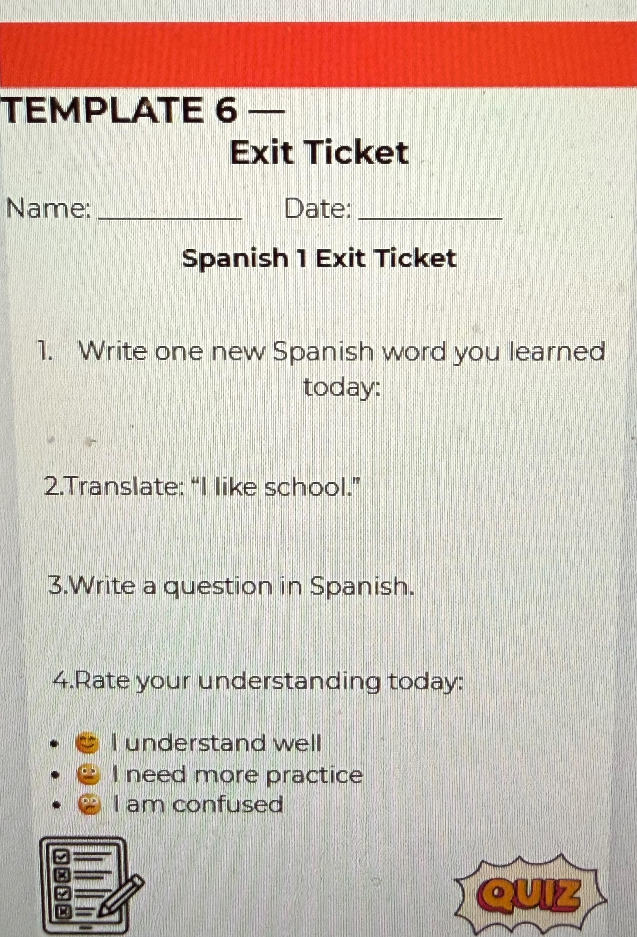Spanish level 1 public school Quiz templates preview 2