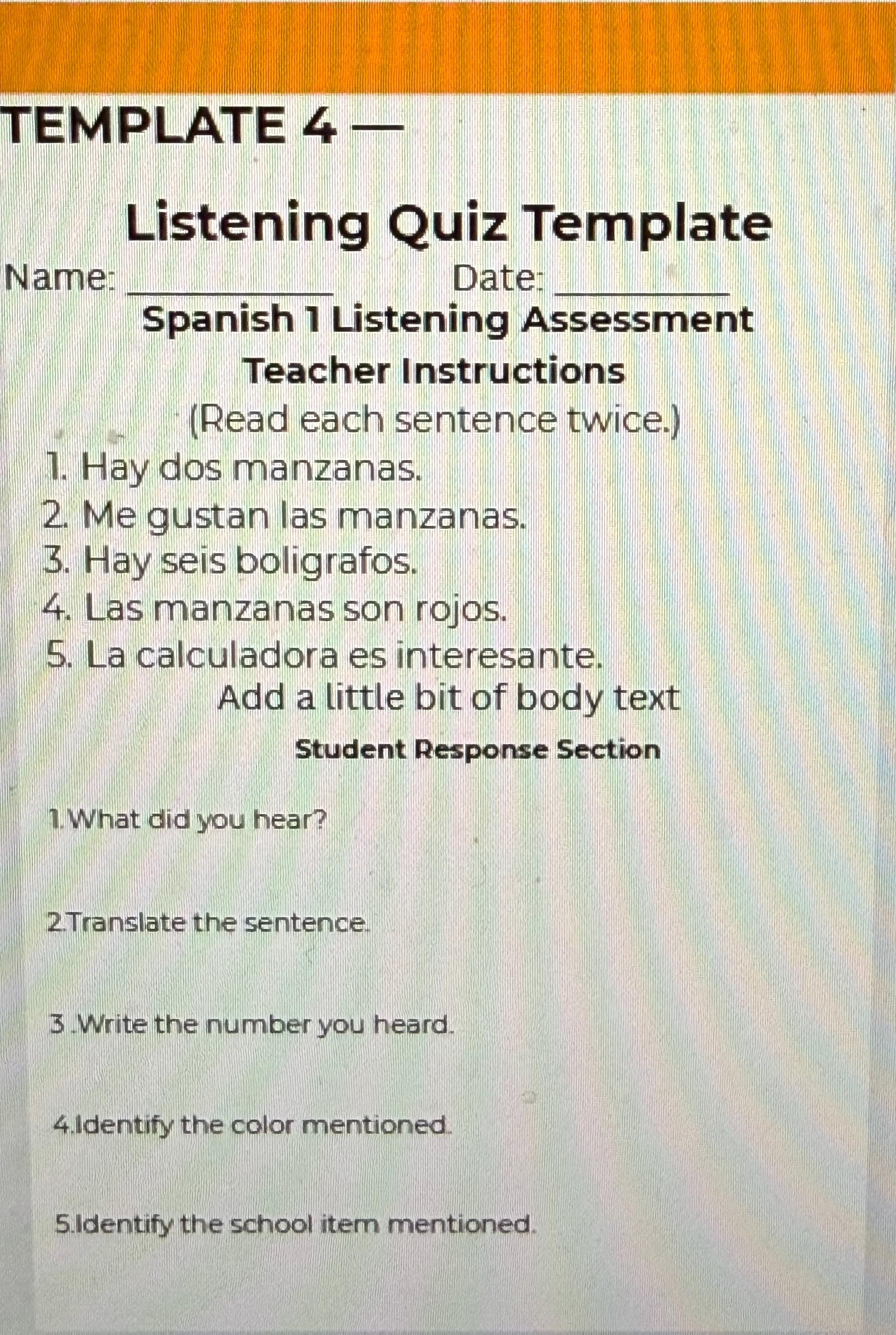 Spanish level 1 public school Quiz templates preview 3