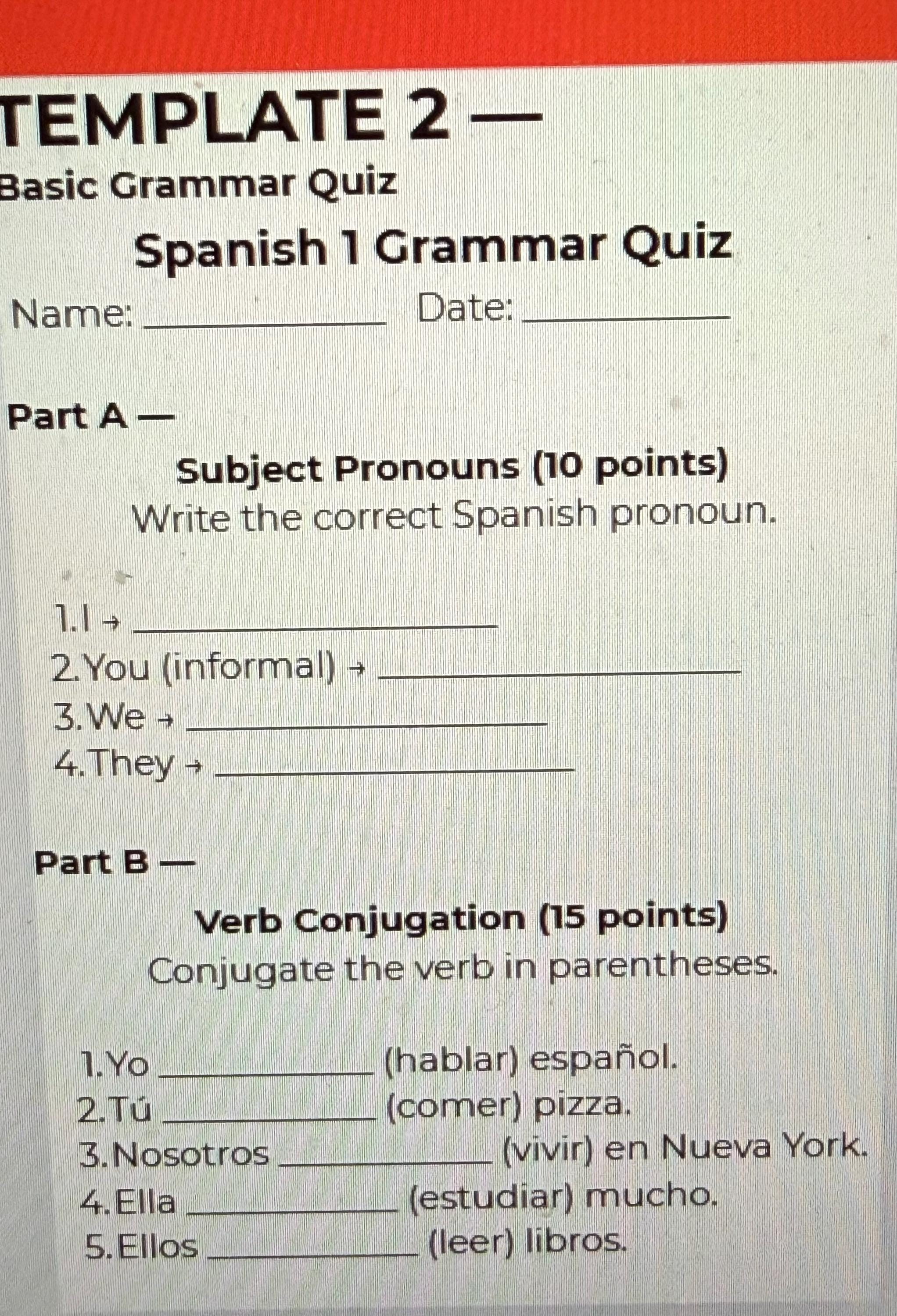 Spanish level 1 public school Quiz templates preview 4