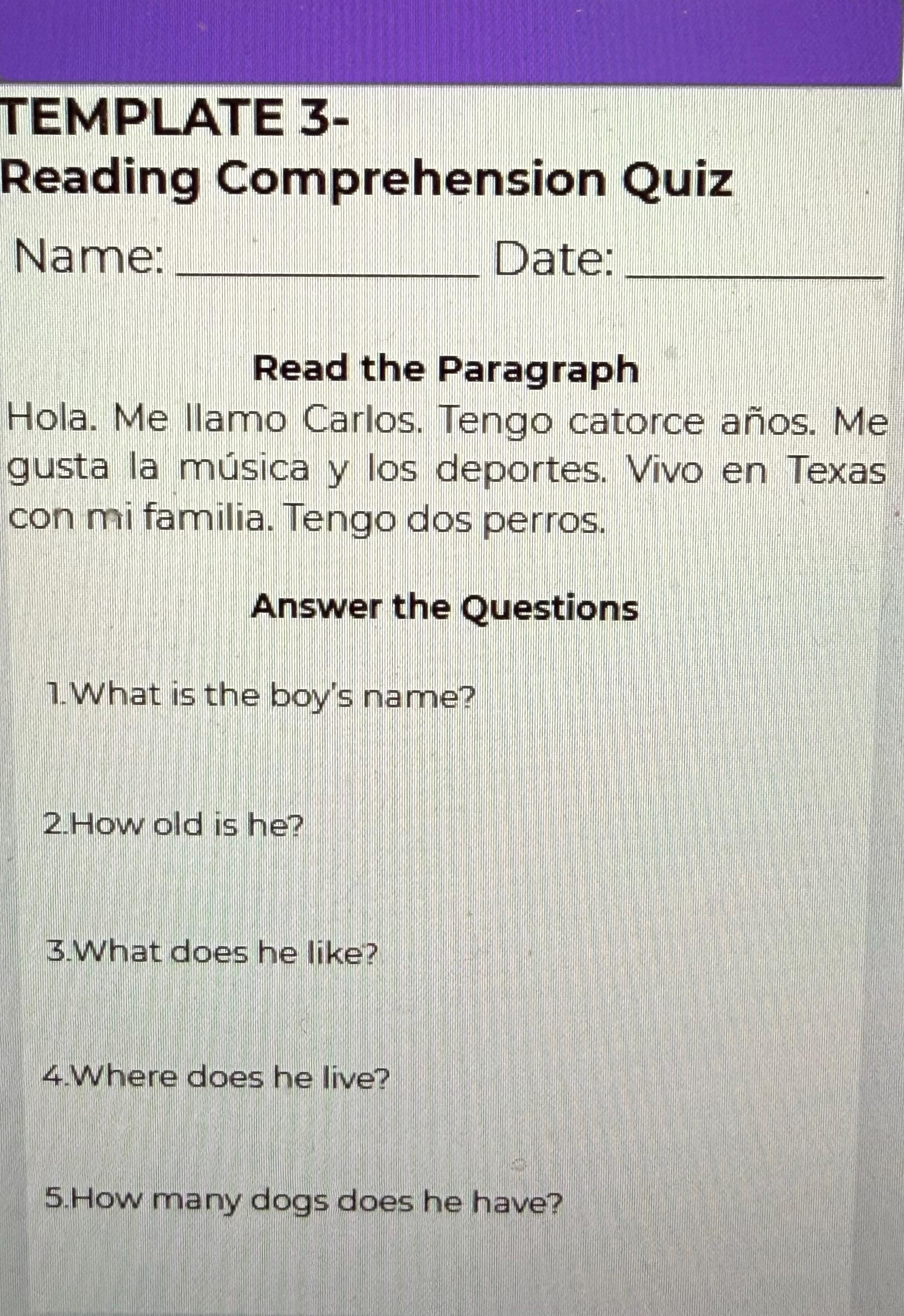 Spanish level 1 public school Quiz templates preview 5