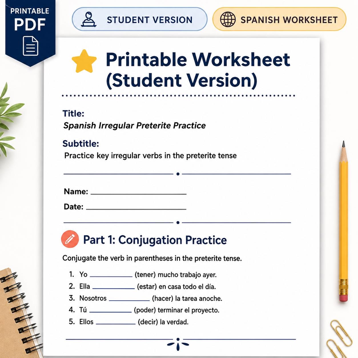 Spanish Preterite Worksheet | Irregular Verbs Practice | 3 Pages with Answer Key | Spanish Grammar Activity