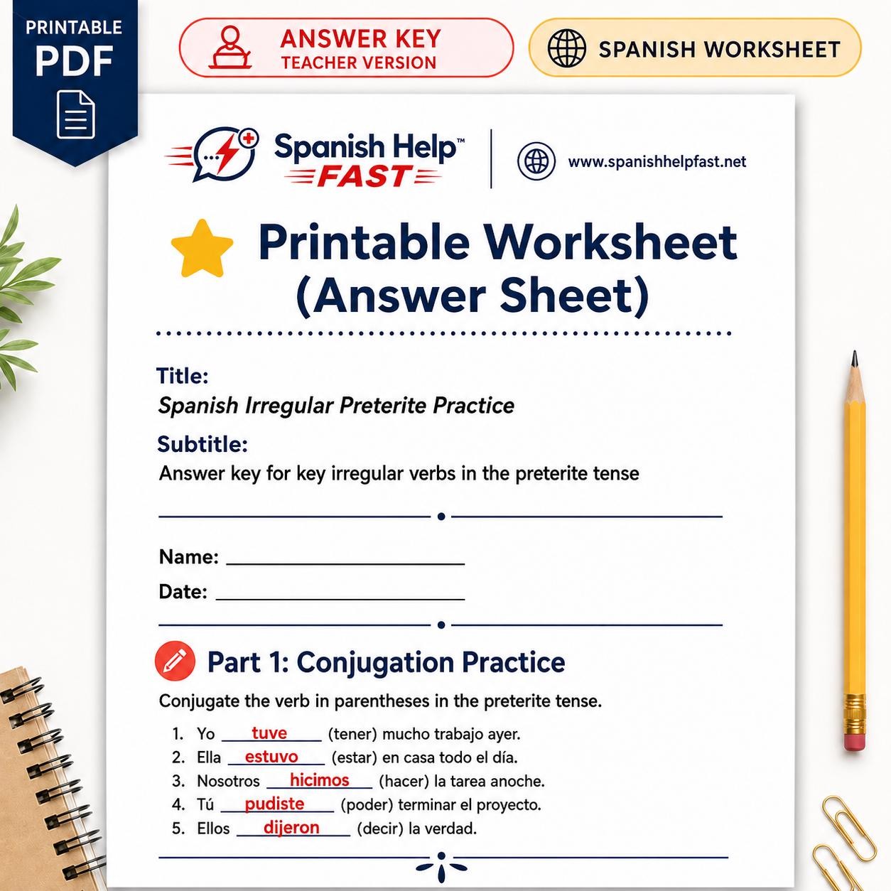 Spanish Preterite Worksheet | Irregular Verbs Practice | 3 Pages with Answer Key | Spanish Grammar Activity preview 2