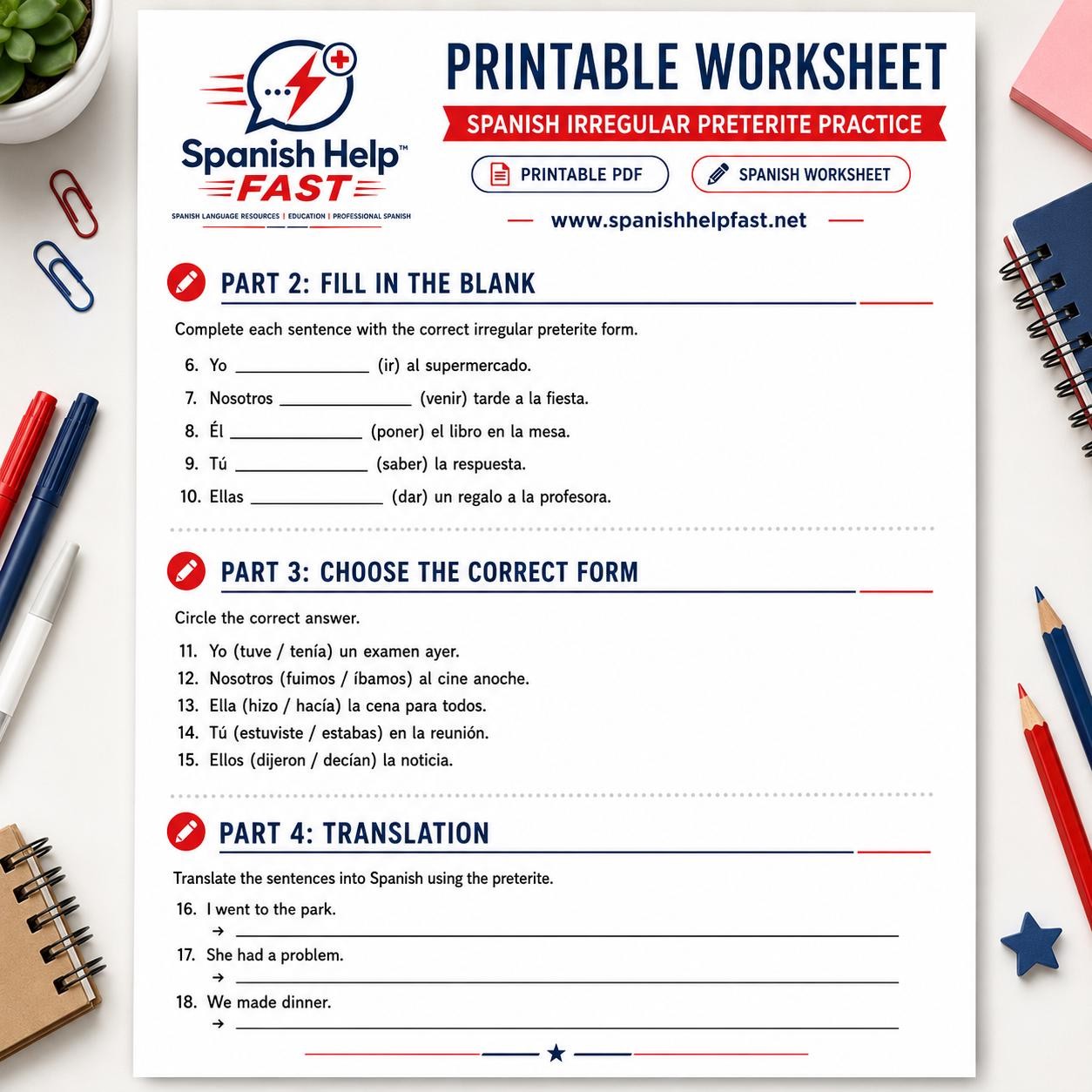 Spanish Preterite Worksheet | Irregular Verbs Practice | 3 Pages with Answer Key | Spanish Grammar Activity preview 3