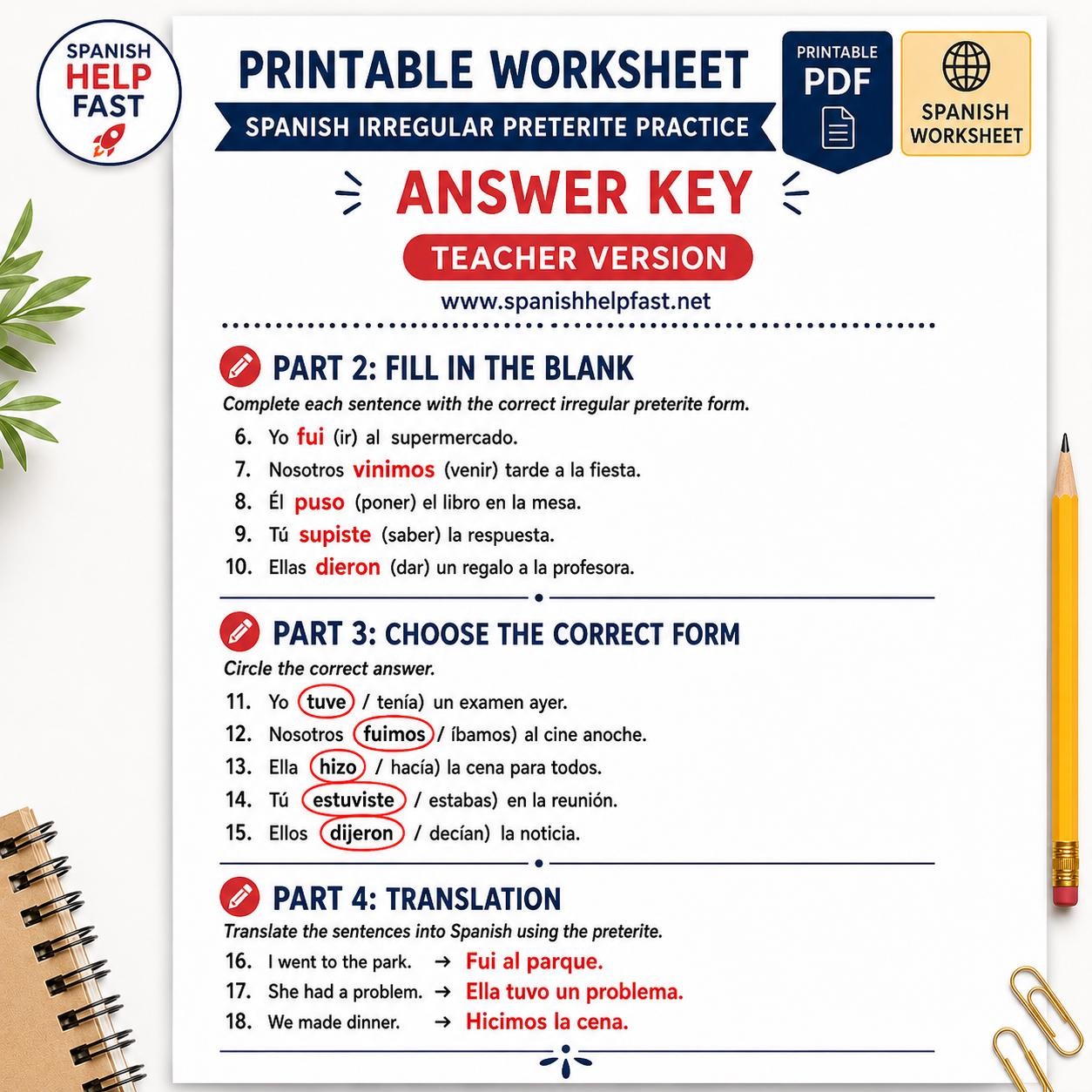Spanish Preterite Worksheet | Irregular Verbs Practice | 3 Pages with Answer Key | Spanish Grammar Activity preview 4