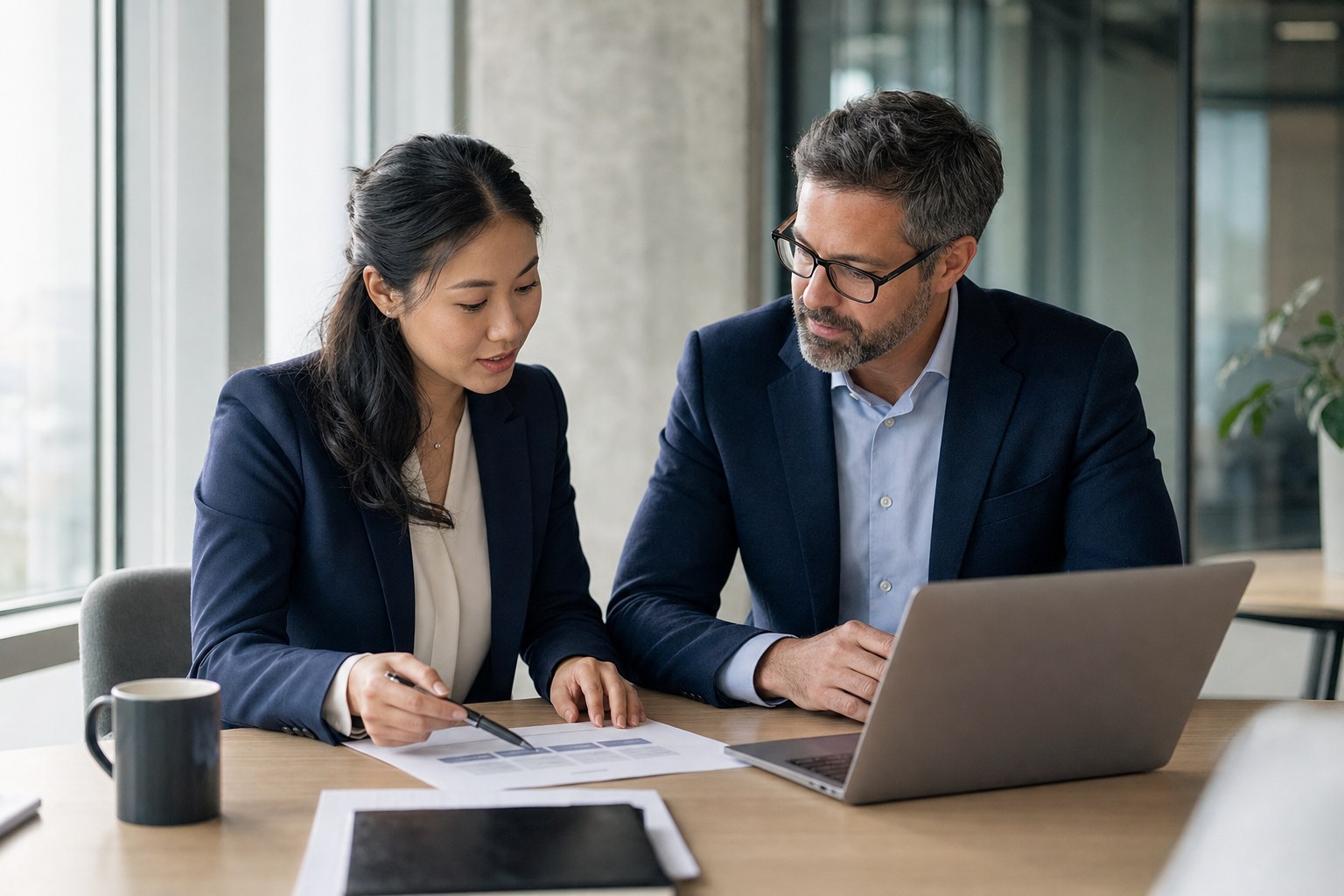 Account executive and sales manager reviewing a 90-day ramp plan